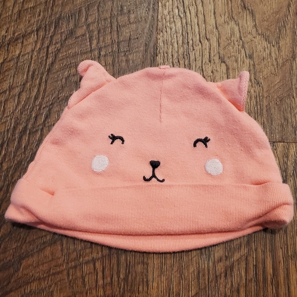Carters 2 Beanies Baby Girl Boy Unisex Hat Pink Cat Face White Knot Mint Green - Picture 2 of 7